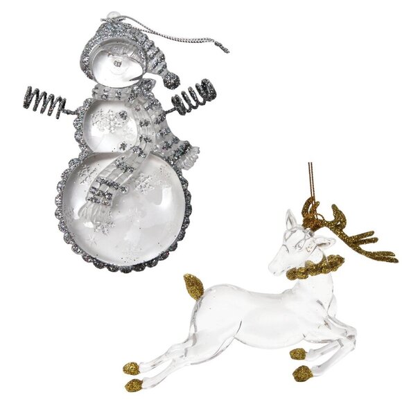 Vintage Avon Acrylic Glass Snowman & Reindeer Christmas Ornament Gold Silver - Picture 1 of 10